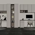 Modern Home Office Desk With Computer Chair White Storage Cabinets And LED Lighting