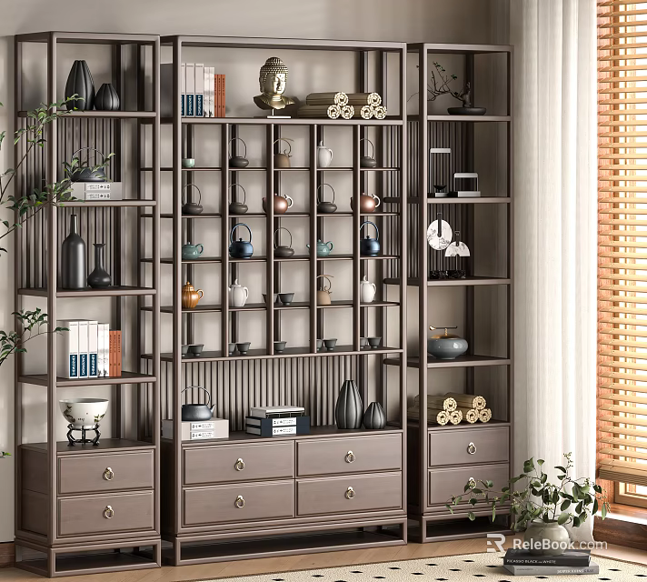 Traditional Chinese Bogu Shelf with Open Shelves Drawers and Decorative Vases Books Tea Sets Figurines 3d model 