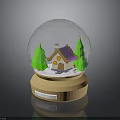 Crystal Snow Globe With Small House Green Trees And Wooden Base