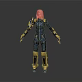 3D Rendered Female Character In Blue And Yellow Armored Suit Standing On Gray Background