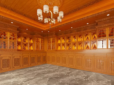 Elegant Whole Wall Carved Solid Wood Buddhist Shrine Cabinets With Warm Built In Lighting 3d model