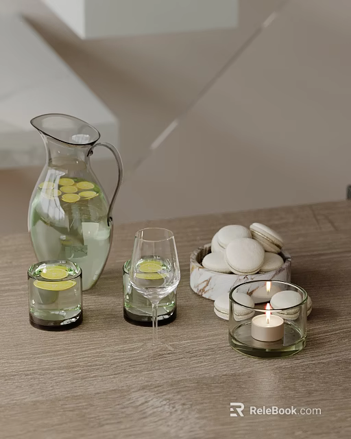 Decorative Tabletop Ornament Set With Glass Pitcher Cups Marble Bowl Macarons And Lit Candle 3d model 