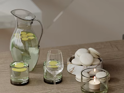 Decorative Tabletop Ornament Set With Glass Pitcher Cups Marble Bowl Macarons And Lit Candle 3d model