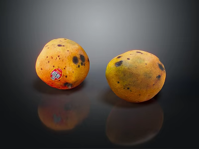 Fresh Ripe Mangoes With Spotted Yellow Skin And Sticker On Black Background With Reflections 3d model