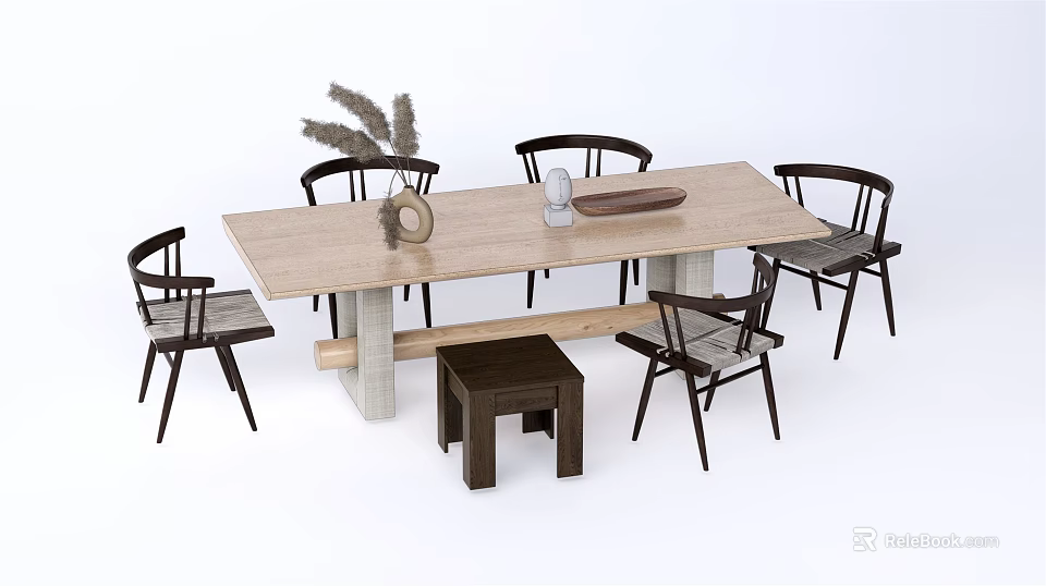 Modern Light Wood Dining Table Set With Chairs Stool And Decorative Vase 3d model
