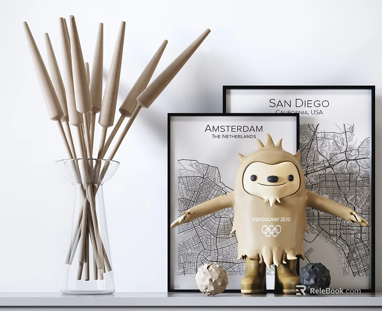 Modern Decorative Ornament Set with Clear Vase Wooden Sticks Framed Prints and Cartoon Figurine 3d model 