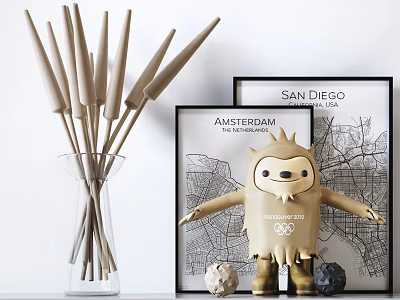Modern Decorative Ornament Set with Clear Vase Wooden Sticks Framed Prints and Cartoon Figurine 3d model