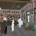 Traditional Style Store Interior With Wooden Shelves Red Lanterns Ceiling Fans and Customers Shopping
