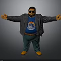 3D Character With Gray Jacket Blue Natural Gas Tee Green Pants Orange Gloves Outstretched Pose