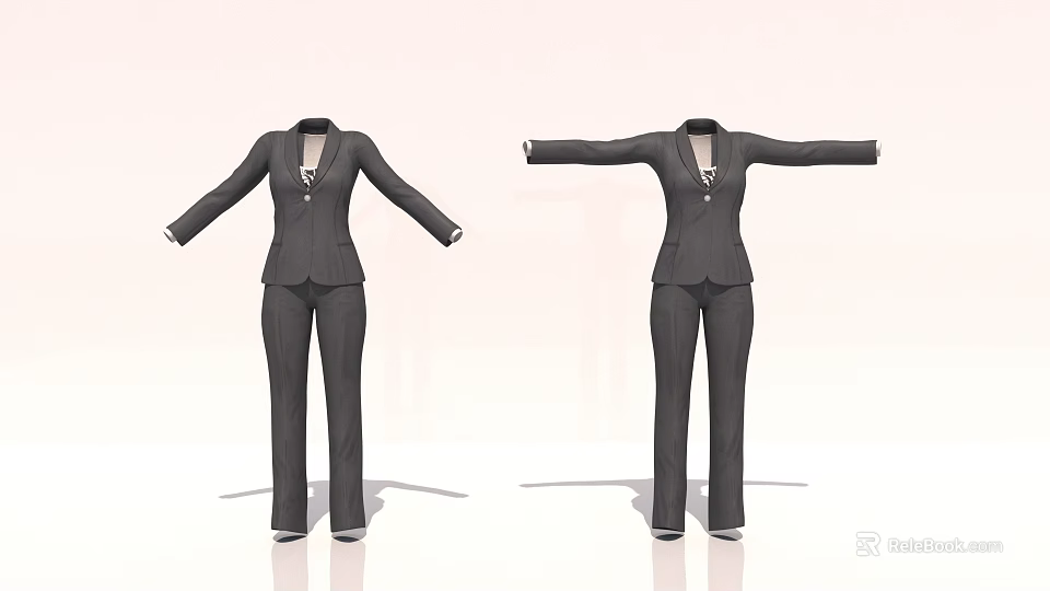 Black Business Suit Set With Jacket Pants And Buttoned Shirt Displayed In Open Arm Pose 3d model 