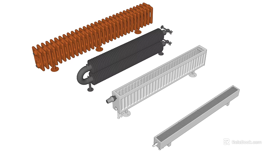 Various Home Heating Radiators With Different Designs And Copper Black White Colors 3d model 