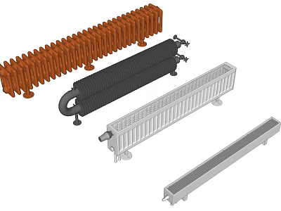 Various Home Heating Radiators With Different Designs And Copper Black White Colors 3d model