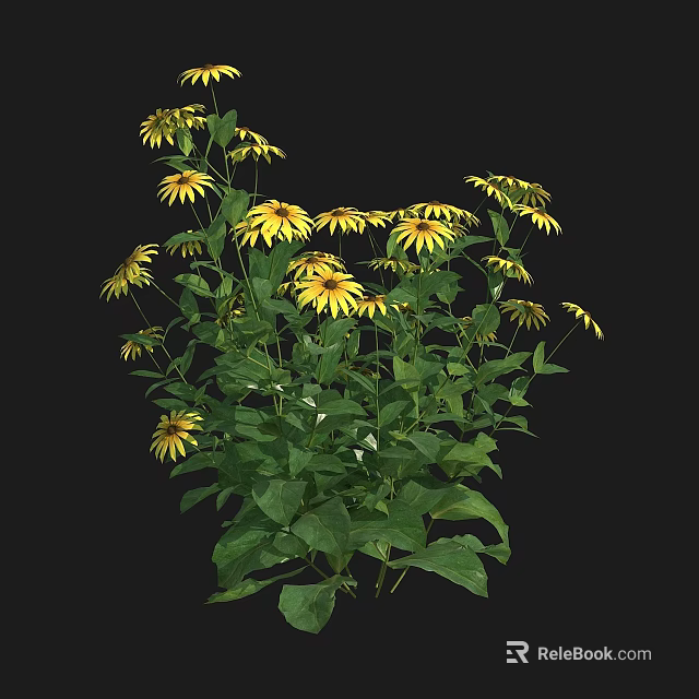 Vibrant Fresh Yellow Flowers And Green Leaves Blooming In Black Background 3d model 