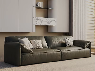 Modern Leather Three-Seater Sofa With Decorative Pillows White Cabinets And Marble Shelf 3d model