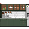 Modern Kitchen with Green Upper Lower Cabinets White Tile Backsplash Stainless Steel Appliances Hanging Utensils