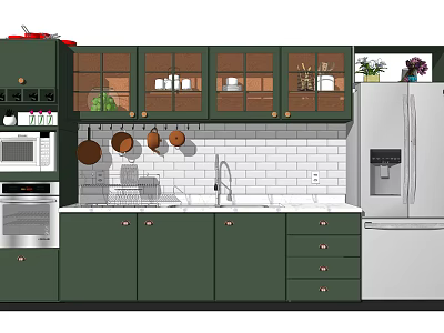 Modern Kitchen with Green Upper Lower Cabinets White Tile Backsplash Stainless Steel Appliances Hanging Utensils 3d model