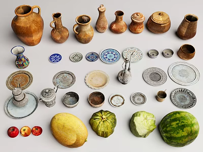 Traditional Clay Pots Vases Decorative Plates and Fresh Fruits Collection 3d model