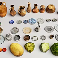 Traditional Clay Pots Vases Decorative Plates and Fresh Fruits Collection