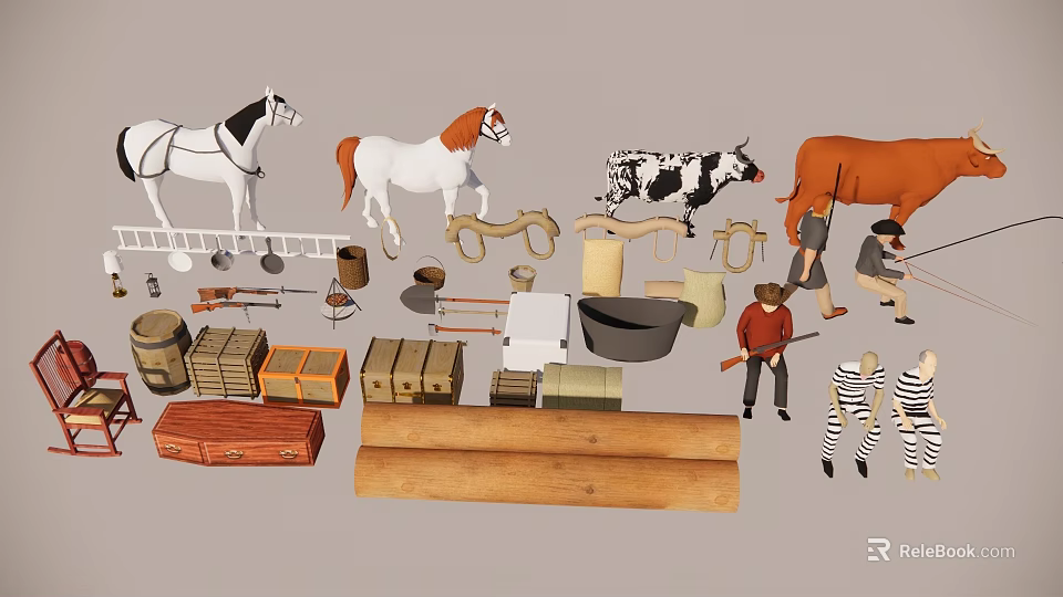 Reptile Natural Habitat With Wooden Boxes Barrels And Farm Tools 3d model 