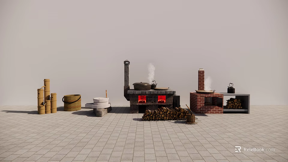 Traditional Rustic Kitchen With Brick Stove Firewood And Functional Storage Cabinets 3d model 