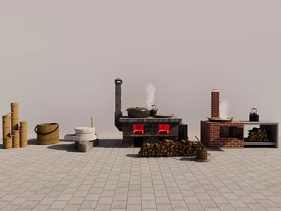 Traditional Rustic Kitchen With Brick Stove Firewood And Functional Storage Cabinets 3d model