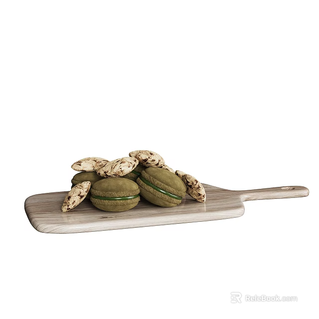 Green Macarons And Almond Cookies Arranged On Wooden Serving Board 3d model 