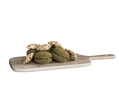 Green Macarons And Almond Cookies Arranged On Wooden Serving Board 3d model