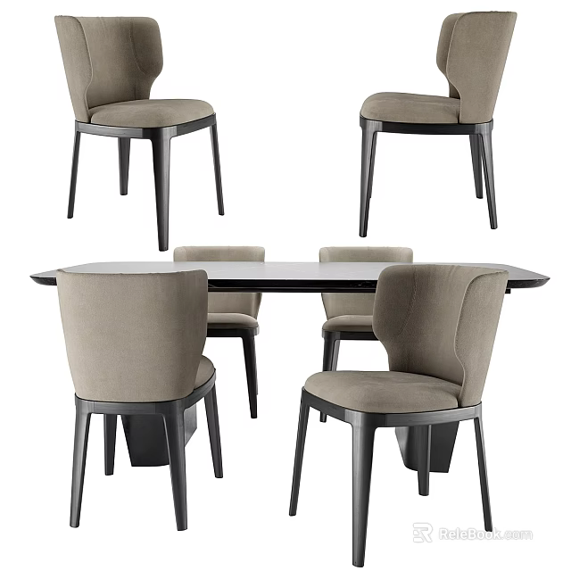 Modern Dining Table Set With Rectangular Top Black Legs And Gray Upholstered Chairs 3d model