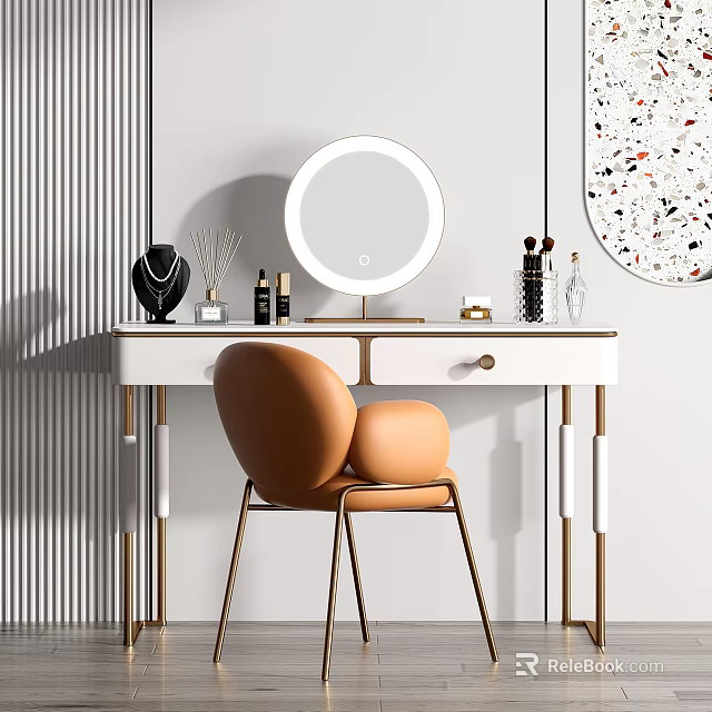 Modern Vanity Table With Round Lighted Mirror Brown Chair Gold Legs And Cosmetics 3d model 