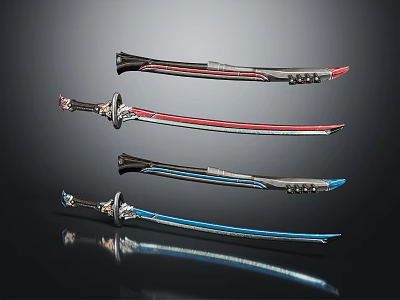 Colorful Samurai Swords with Decorative Hilts and Striped Blades on Black Background 3d model