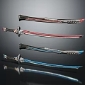Colorful Samurai Swords with Decorative Hilts and Striped Blades on Black Background 3d model