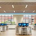 School Computer Classroom With Multiple Computers Desks Large Windows And Bright Interior Wooden Strip Ceiling 3d model