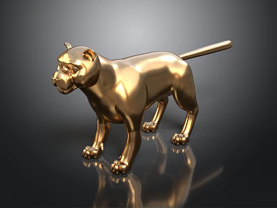 Golden Cat Sculpture With Shiny Metallic Surface On Black Background Reflection 3d model