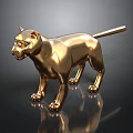 Golden Cat Sculpture With Shiny Metallic Surface On Black Background Reflection