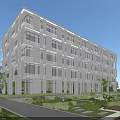 Modern Office Building with White Facade and Glass Windows Surrounded by Landscaped Garden and Walkways