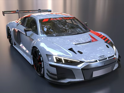 Silver Audi R8 High Performance Sports Car With Red Accents Rear Spoiler And Black Wheels 3d model