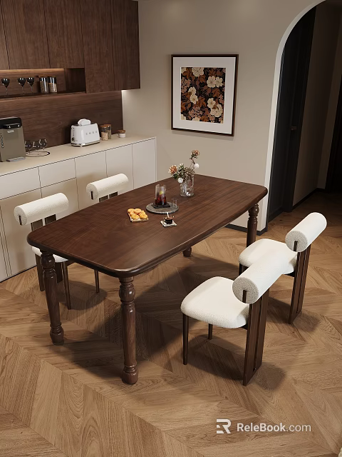 Brown Wooden Dining Table Set With White Chairs And Decorative Vase In Interior 3d model 