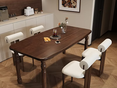Brown Wooden Dining Table Set With White Chairs And Decorative Vase In Interior 3d model