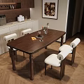 Brown Wooden Dining Table Set With White Chairs And Decorative Vase In Interior