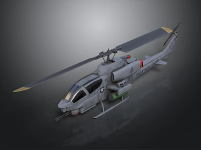 Gray Military Helicopter Side View With Rotor Cockpit Windows And Weaponry 3d model