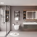 Modern Gray Bathroom Interior With Glass Shower Wall Mounted Toilet And Backlit Mirror Vanity