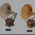 Vintage Gramophones With Silver And Gold Horns Wooden Bases And Vinyl Records