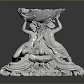 White Ceramic Garden Ornament With Two Putti Holding Bowl Shaped Container And Scroll Like Decorations