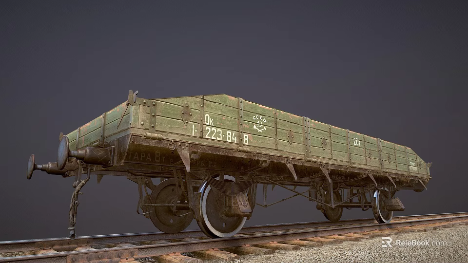 Old Green Train Freight Car on Railway Tracks with Metal Wheels and White Text Numbers 3d model 