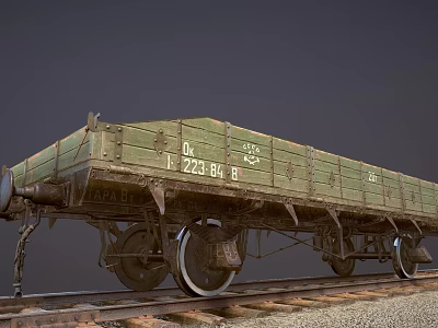 Old Green Train Freight Car on Railway Tracks with Metal Wheels and White Text Numbers 3d model
