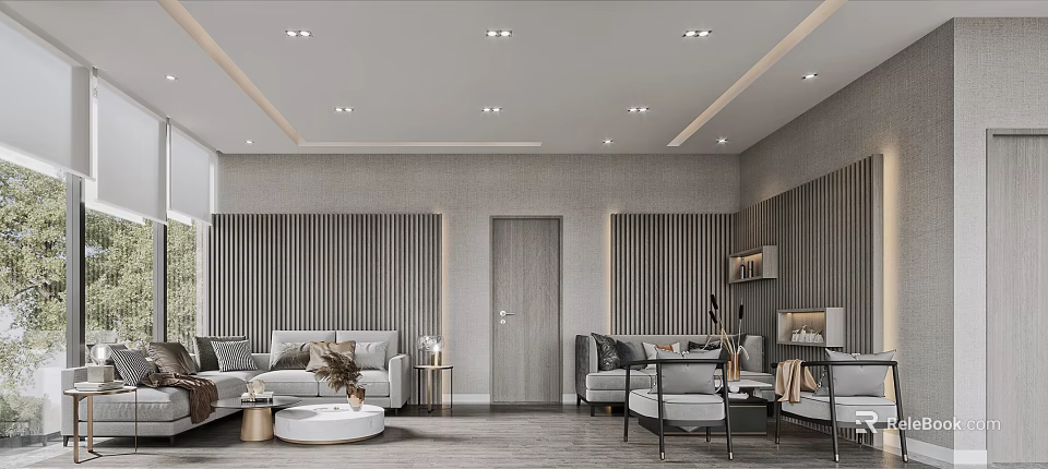 Modern Lounge Area Interior Design With Gray Sofas Round Coffee Table And Striped Wall Panels 3d model