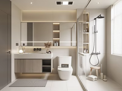 Modern Bathroom Interior With Vanity Sink Large Mirror Toilet And Shower Area 3d model