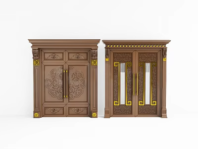 Classic Wooden Double Doors Featuring Carved Patterns Glass Panels And Gold Accents 3d model