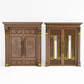 Classic Wooden Double Doors Featuring Carved Patterns Glass Panels And Gold Accents