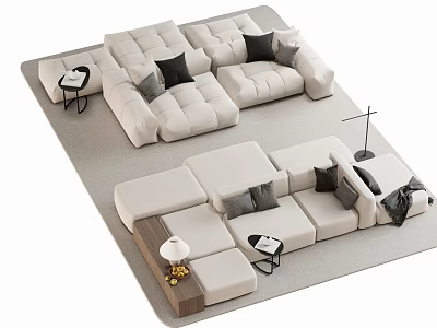 Modern Ivory White Modular Sectional Sofa with Black Cushions Side Tables and Lamps 3d model